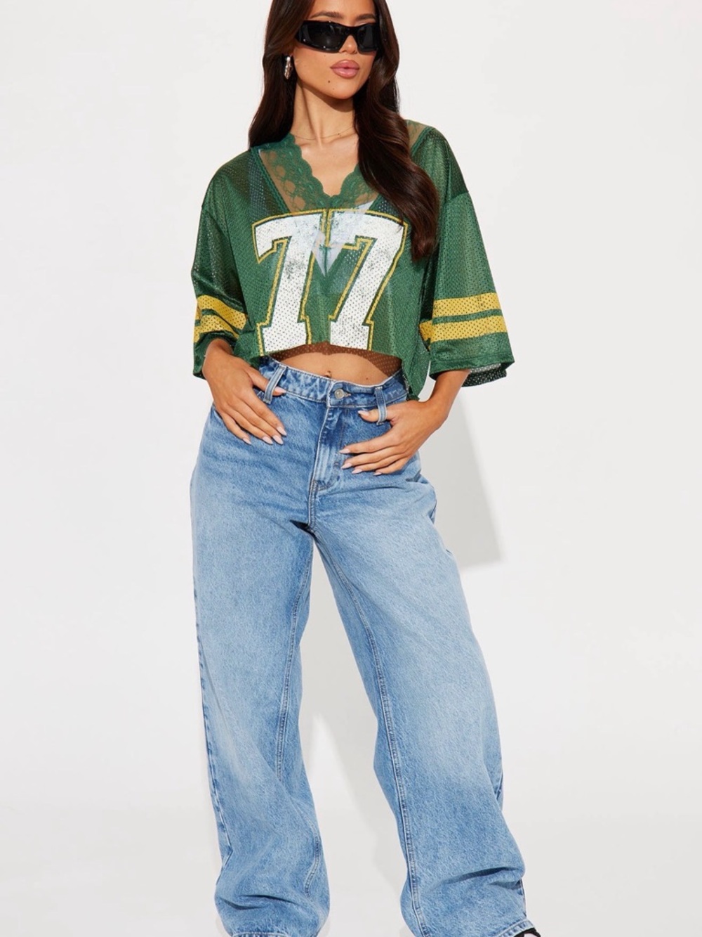 Fashion Nova Green & Yellow Cropped Mesh Jersey
